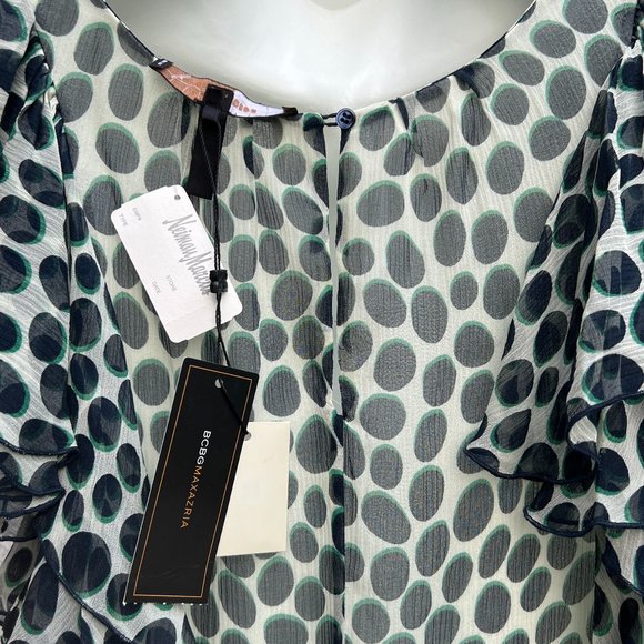 BCBGMaxAzria NWT Ruffle Sleeve Crew Neck Midi Polka Dot Dress Navy/Green Size L - Picture 8 of 12